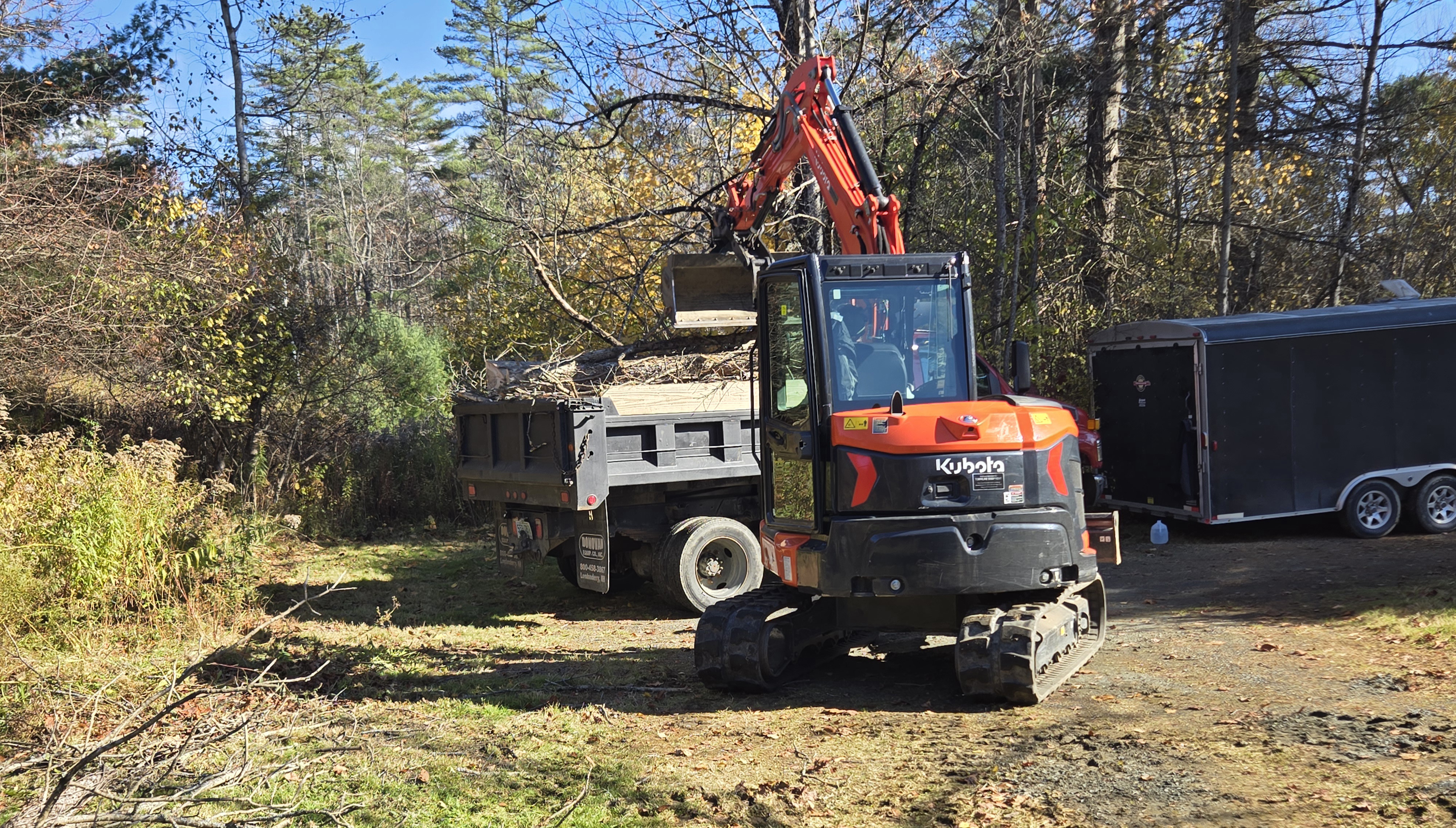 Orange and black Kubota compact excavator on a dirt lot with hydraulic boom extended near tree branches, fall foliage, white utility truck to the left and black trailer to the right during an active tree removal or land clearing operation.
